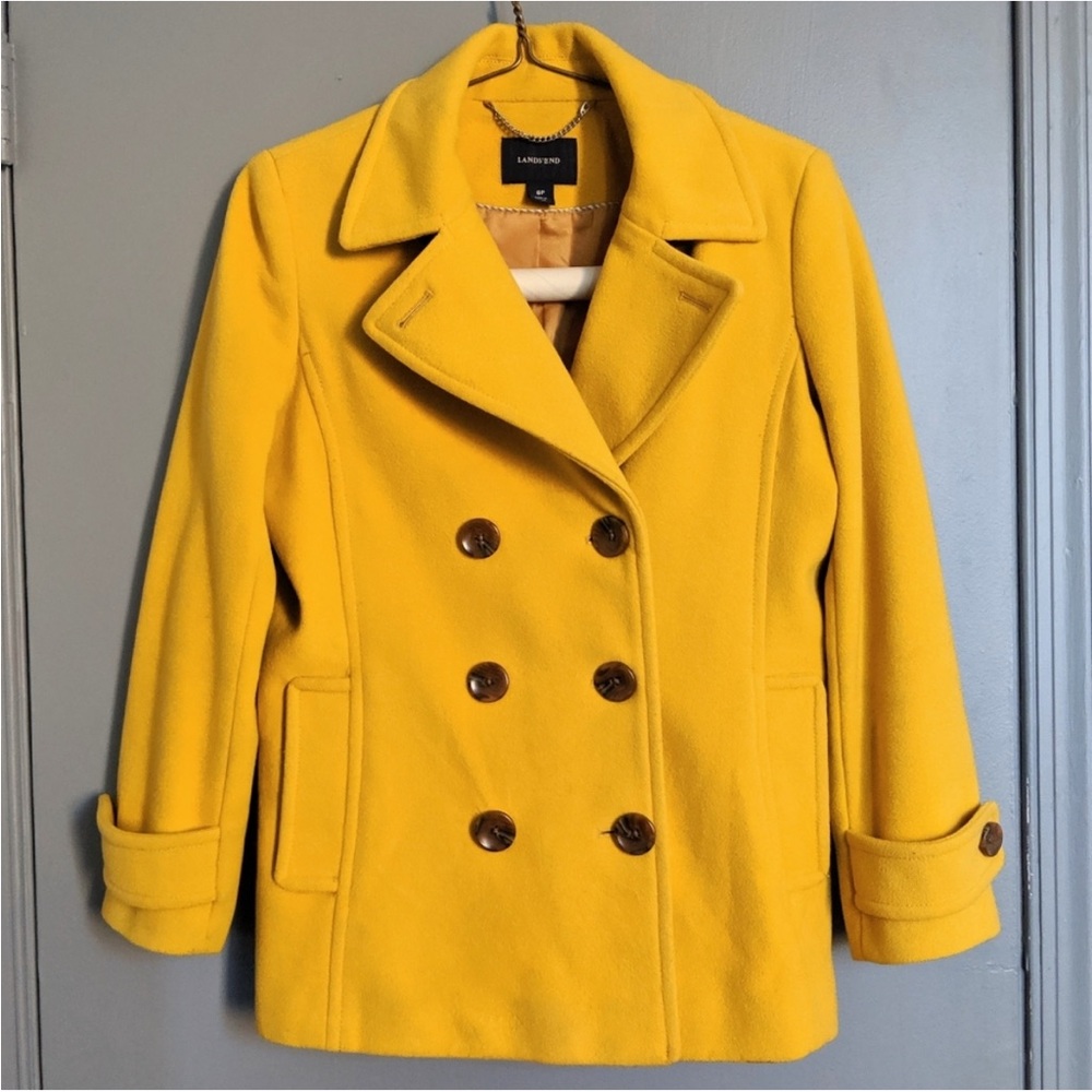 Lands' End Mustard Yellow Pea Coat with Striped Blue Interior details